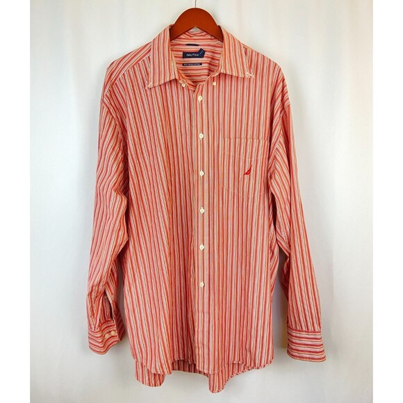 EUC Nautica Shirt Mens 2XL XXL Red Salmon Striped Long Sleeve 80s Two-Ply Cotton - Picture 1 of 11